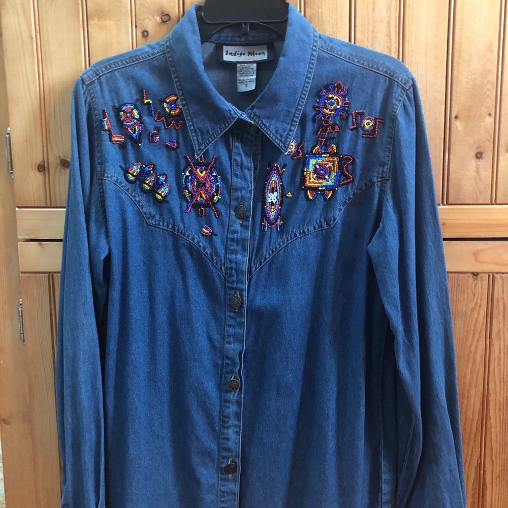 INDIGO beaded denim shirt size small EUC!